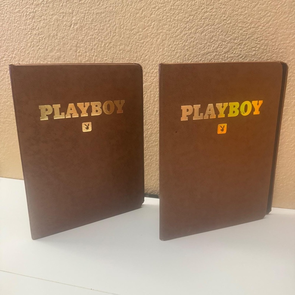 Vintage Playboy Magazine Binders Brown Faux Leather Set of 2 1953 1954 Gold Logo